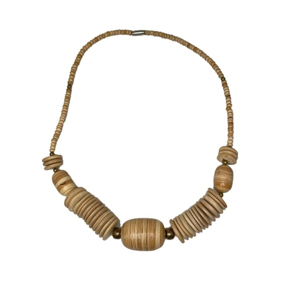 VINTAGE Wood & Copper Beaded Necklace - Picture 2 of 10